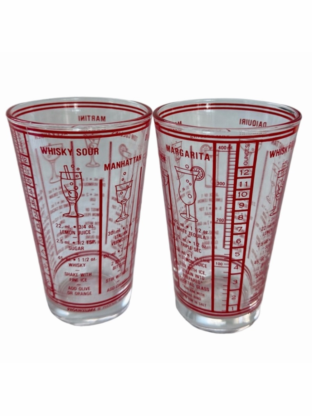 Set of 2 Vintage Libbey Mid Century Cocktail Recipe Printed Glasses Red EUC